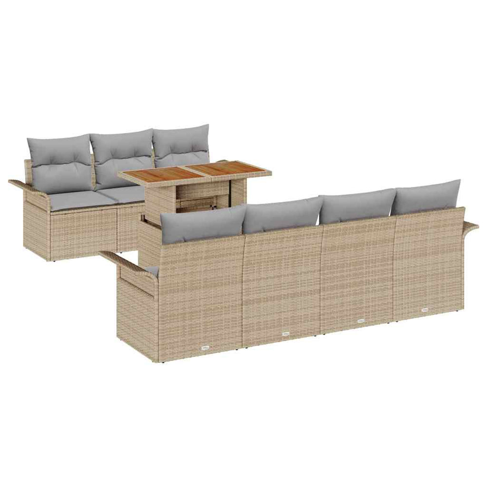 8-Piece Garden Sofa Set with Cushions, Sand Poly Rattan, Acacia Wood