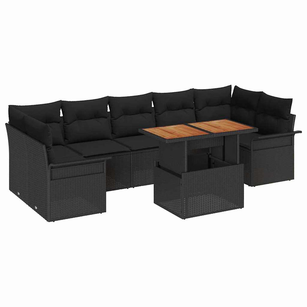 8-piece Garden Sofa Set with Cushions, Black Poly Rattan, Acacia