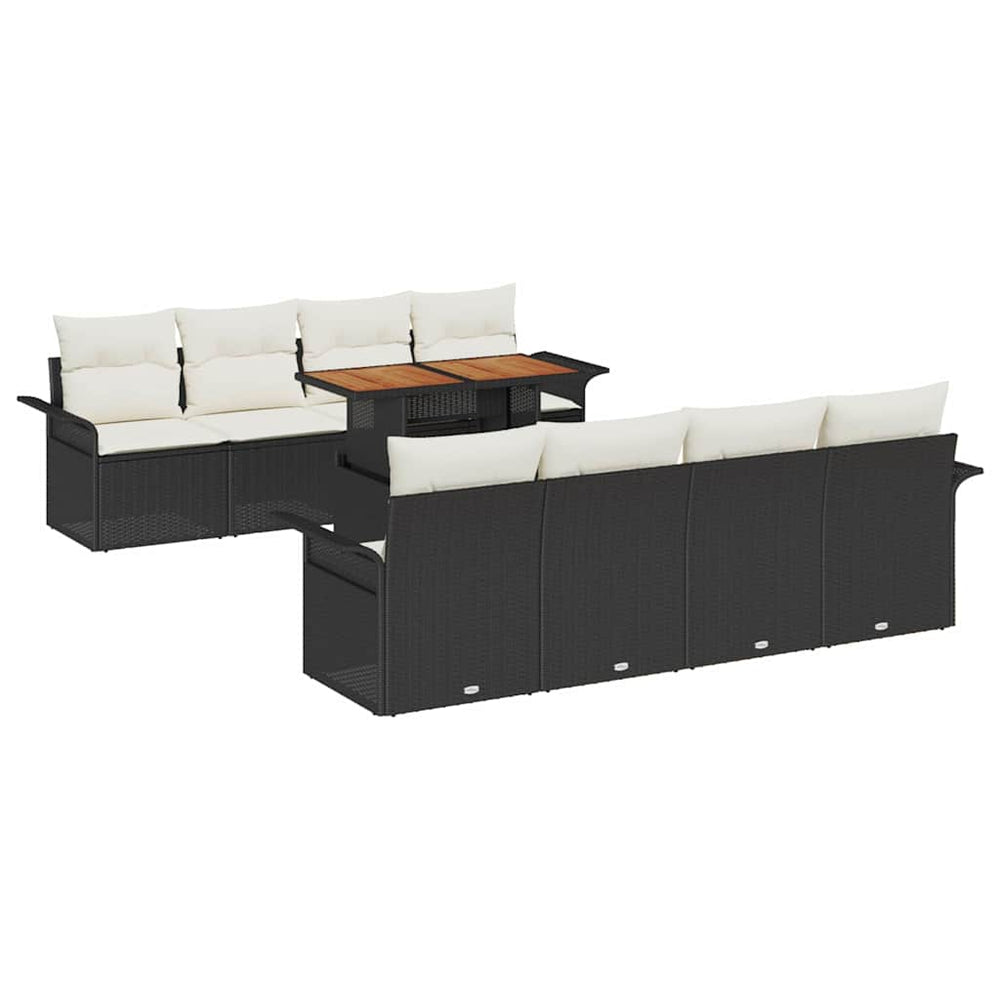 9-piece garden sofa set with cushions, black poly rattan, acacia