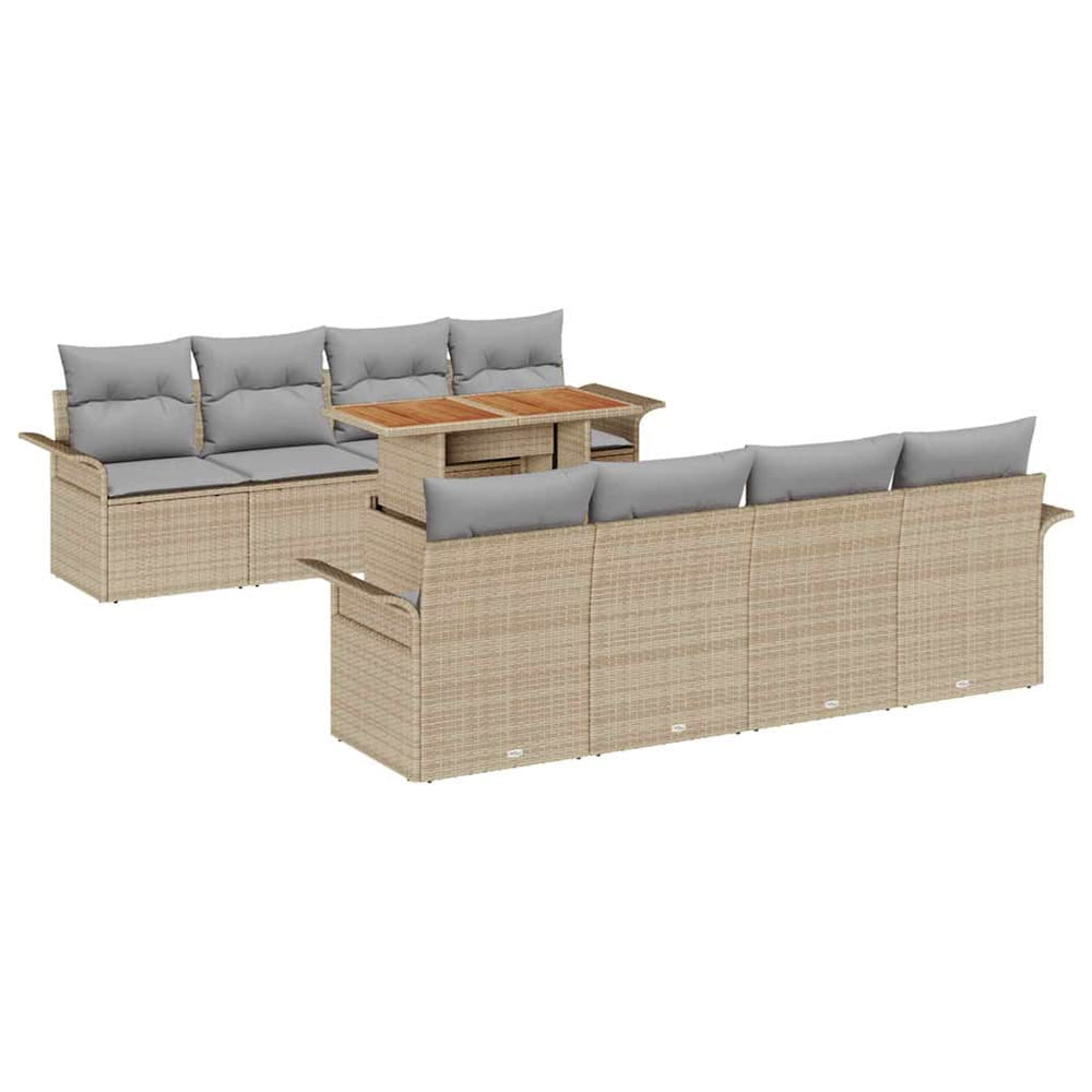 9-Piece Garden Sofa Set with Cushions - Sand Polyrattan and Acacia