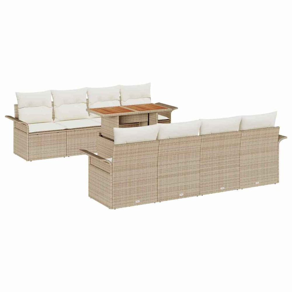 9-piece garden sofa set with cushions, beige poly rattan, acacia