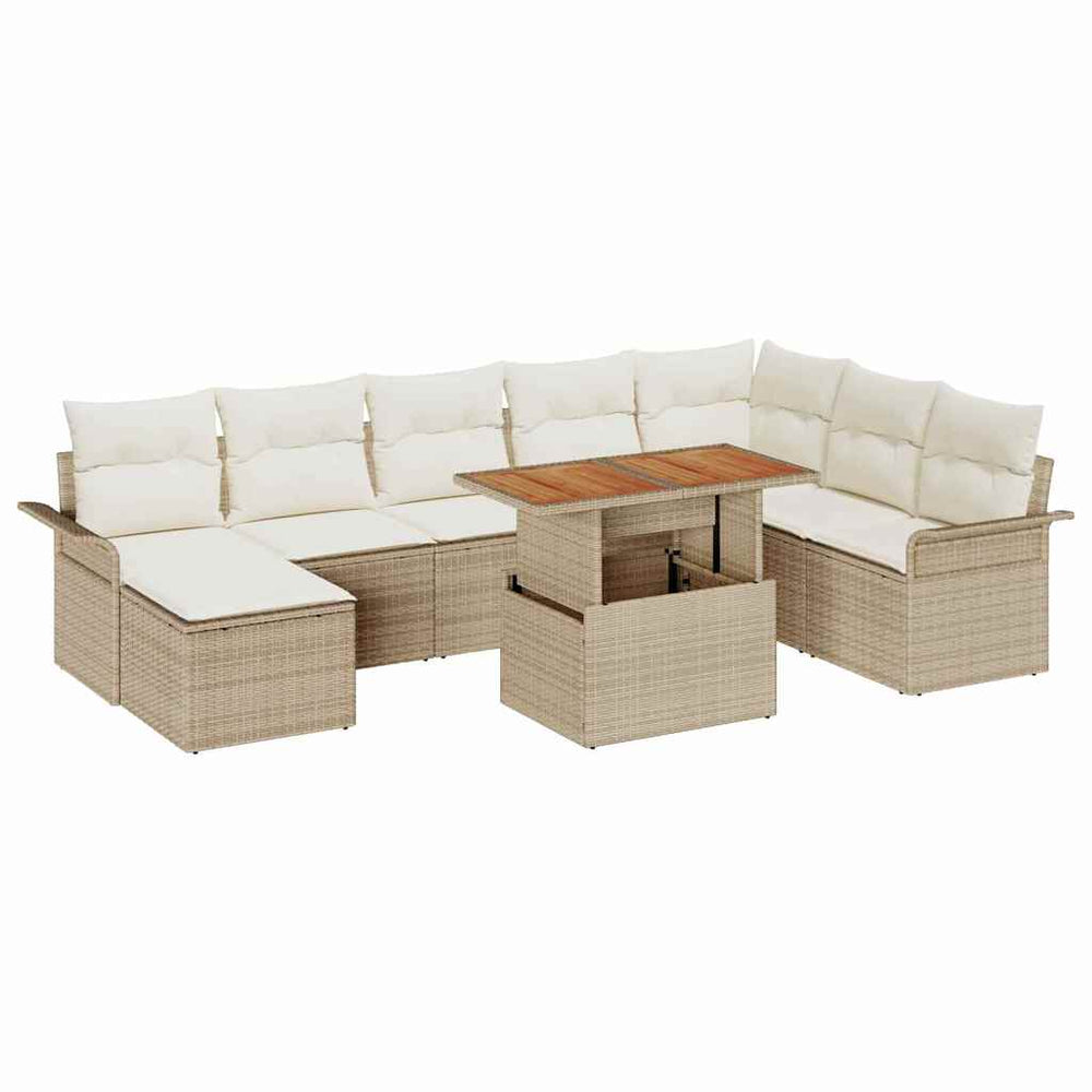 9-Piece Garden Dining Set with Cushions, Light Grey Poly Rattan, Acacia
