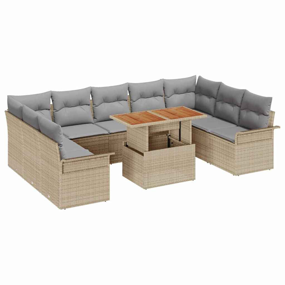 10-piece outdoor dining set with beige poly rattan and acacia wood details.
