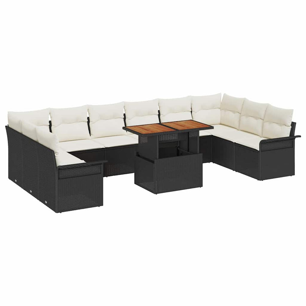 11-piece garden dining set with cushions, black poly rattan, acacia