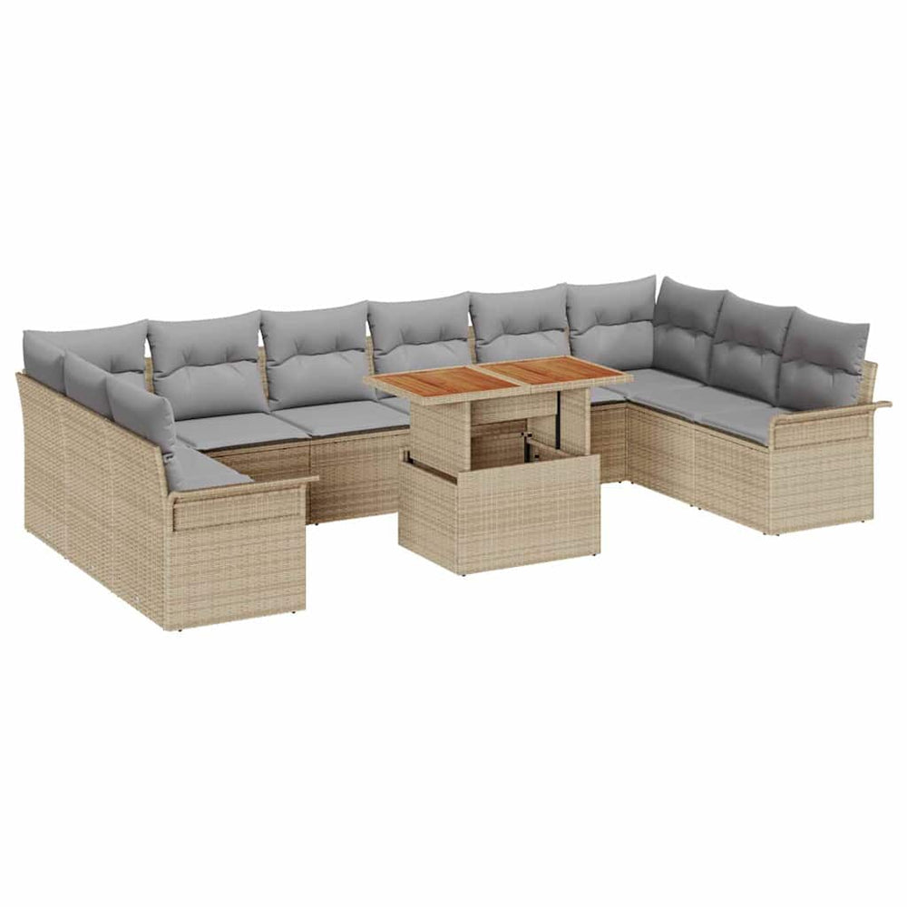 11-piece garden dining set with cushions, beige poly rattan and acacia wood