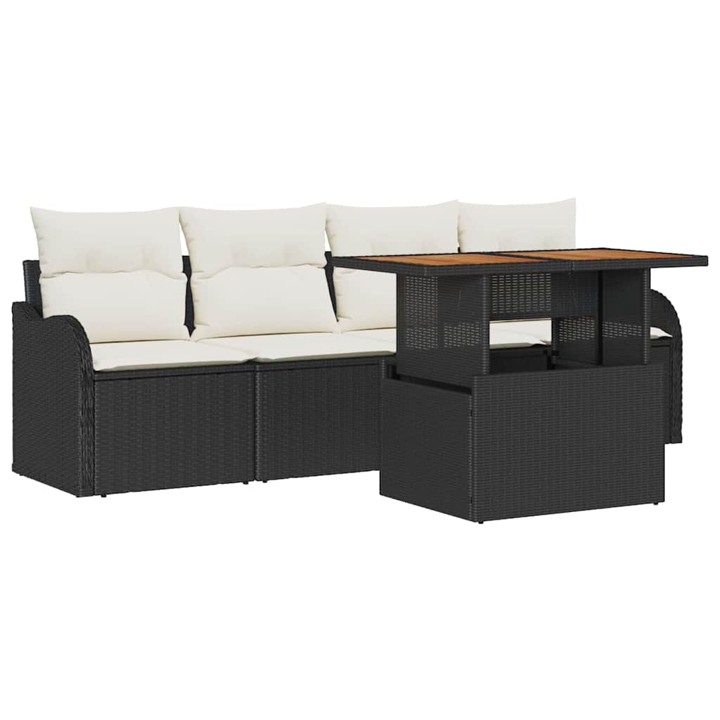 5-piece garden sofa set with black cushions. Made of poly rattan and acacia wood.