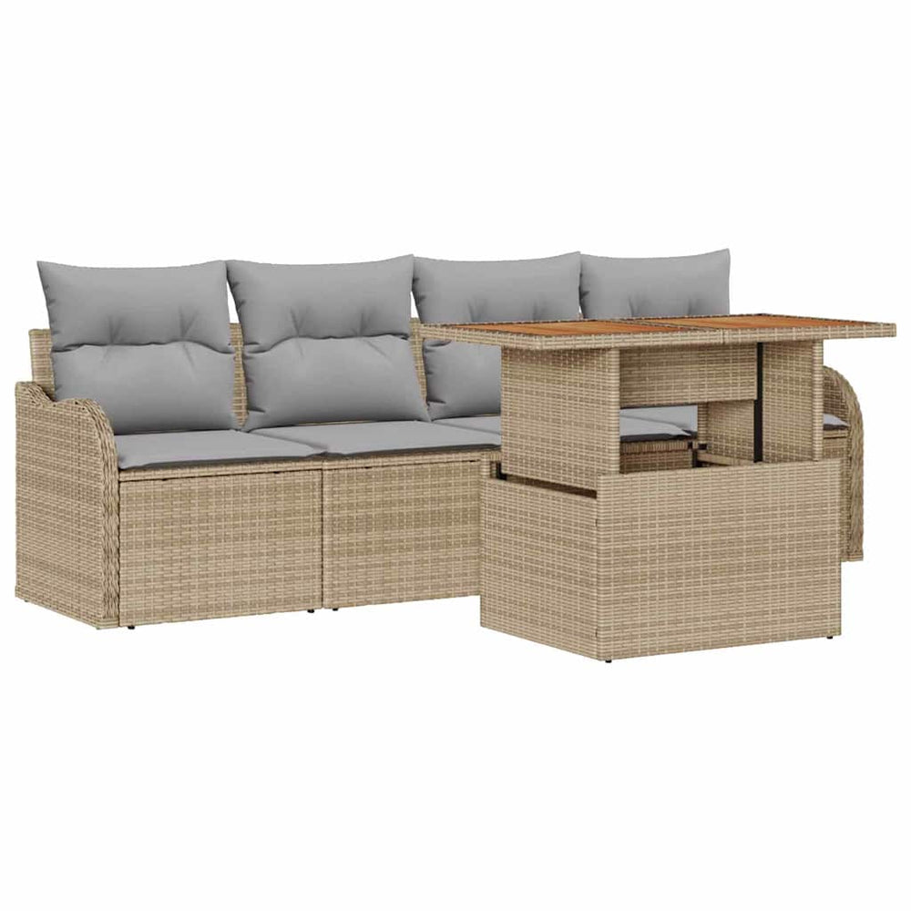 5-piece garden sofa set with beige poly rattan and acacia.