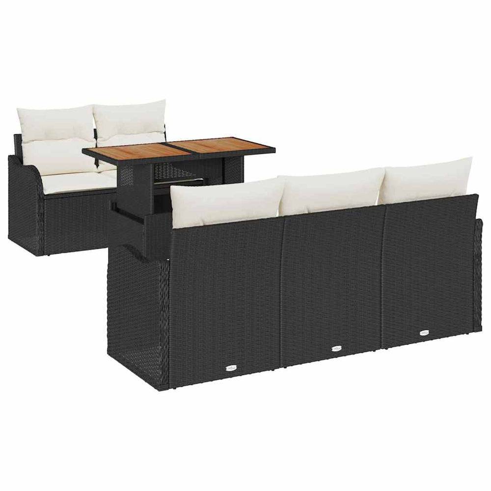 6-piece garden sofa set with cushions, black poly rattan, acacia.