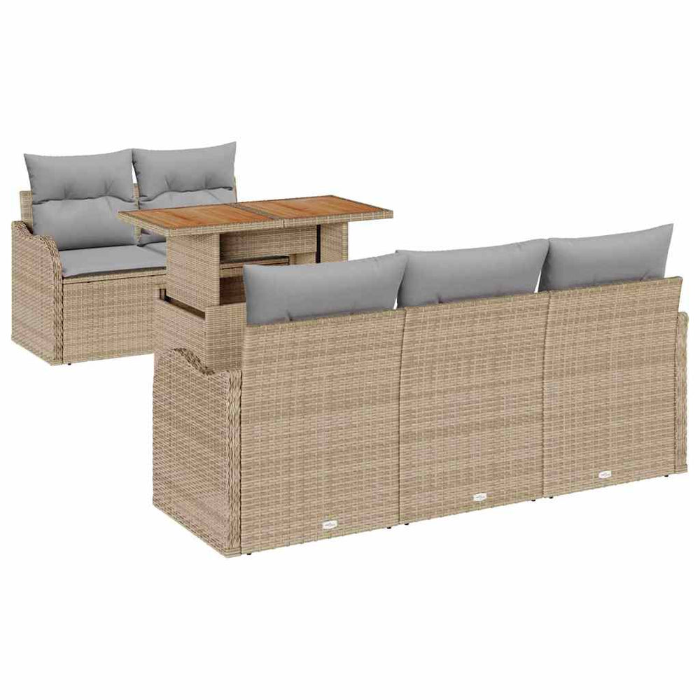 6-piece garden sofa set with cushions, sand color, from poly rattan acacia