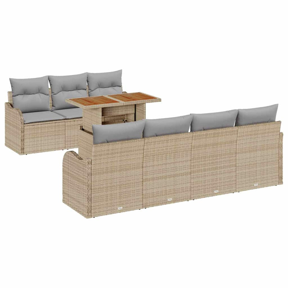8-piece Garden Sofa Set with Cushions, Sand, Poly Rattan and Acacia Wood