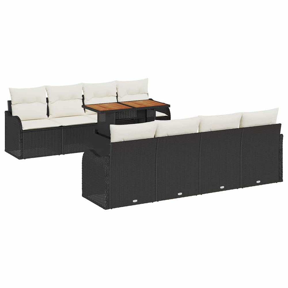 9-piece garden sofa set with cushions, black poly rattan, acacia.