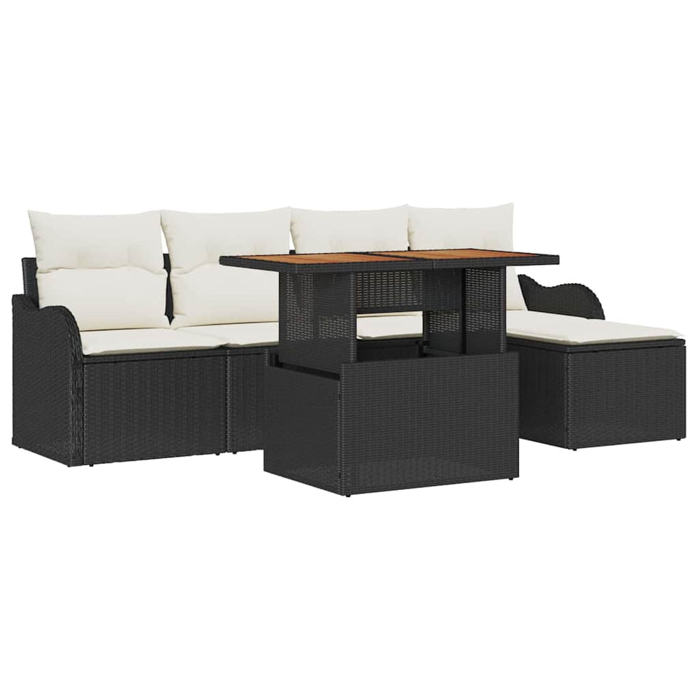 6-piece garden sofa set with cushions, black, poly rattan, acacia wood