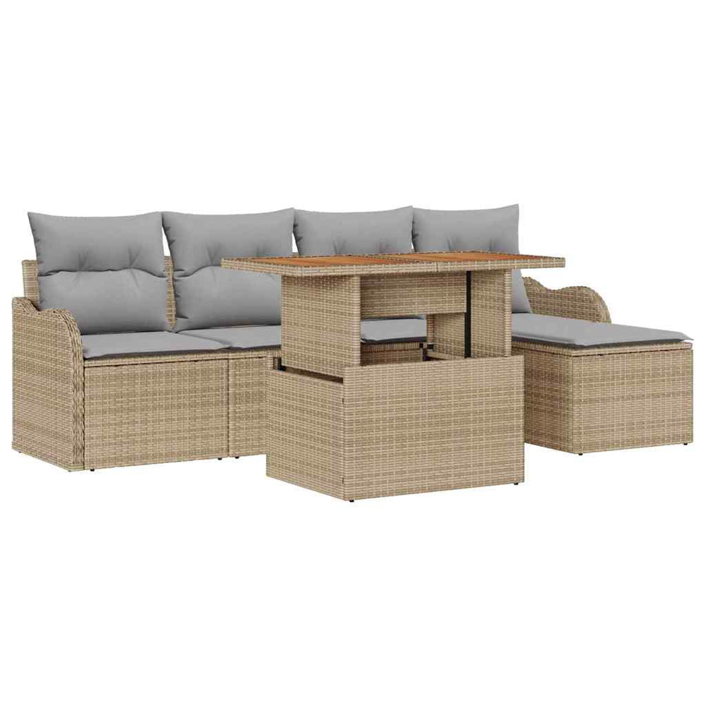 6-piece garden sofa set with cushions, beige poly rattan and acacia wood
