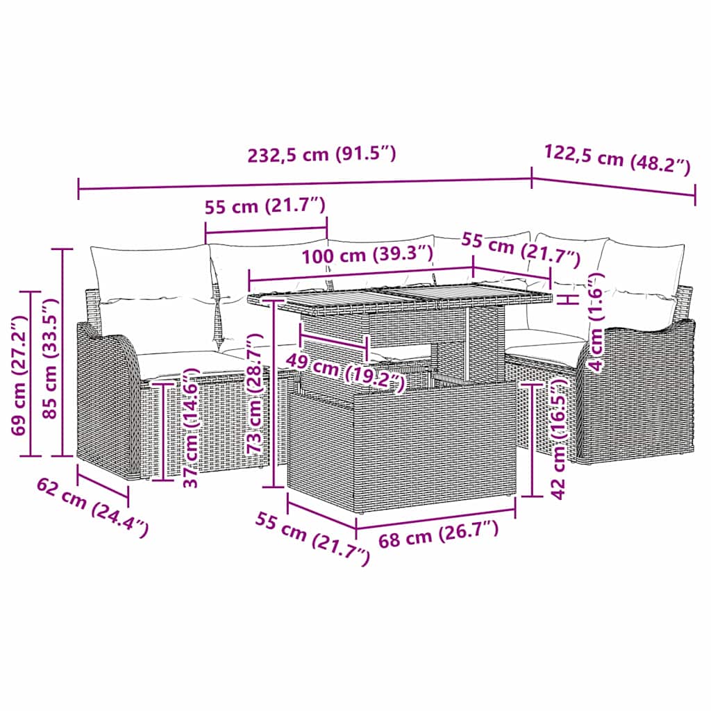 6 dalių sodo sofasetė su pagalvėlėm, juodas poli ratanas, akacija