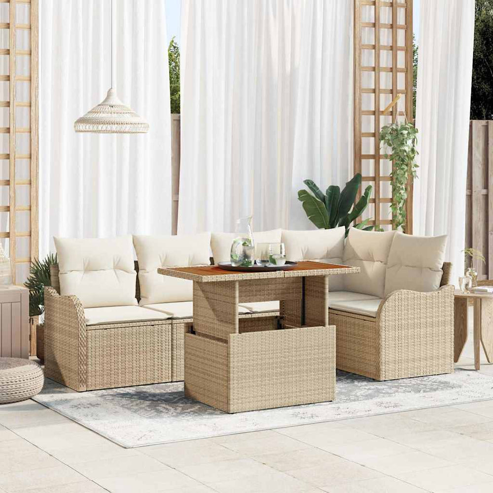 6 dalių sodo sofa rinkinys su smėlio spalvos poli rotano akacija.