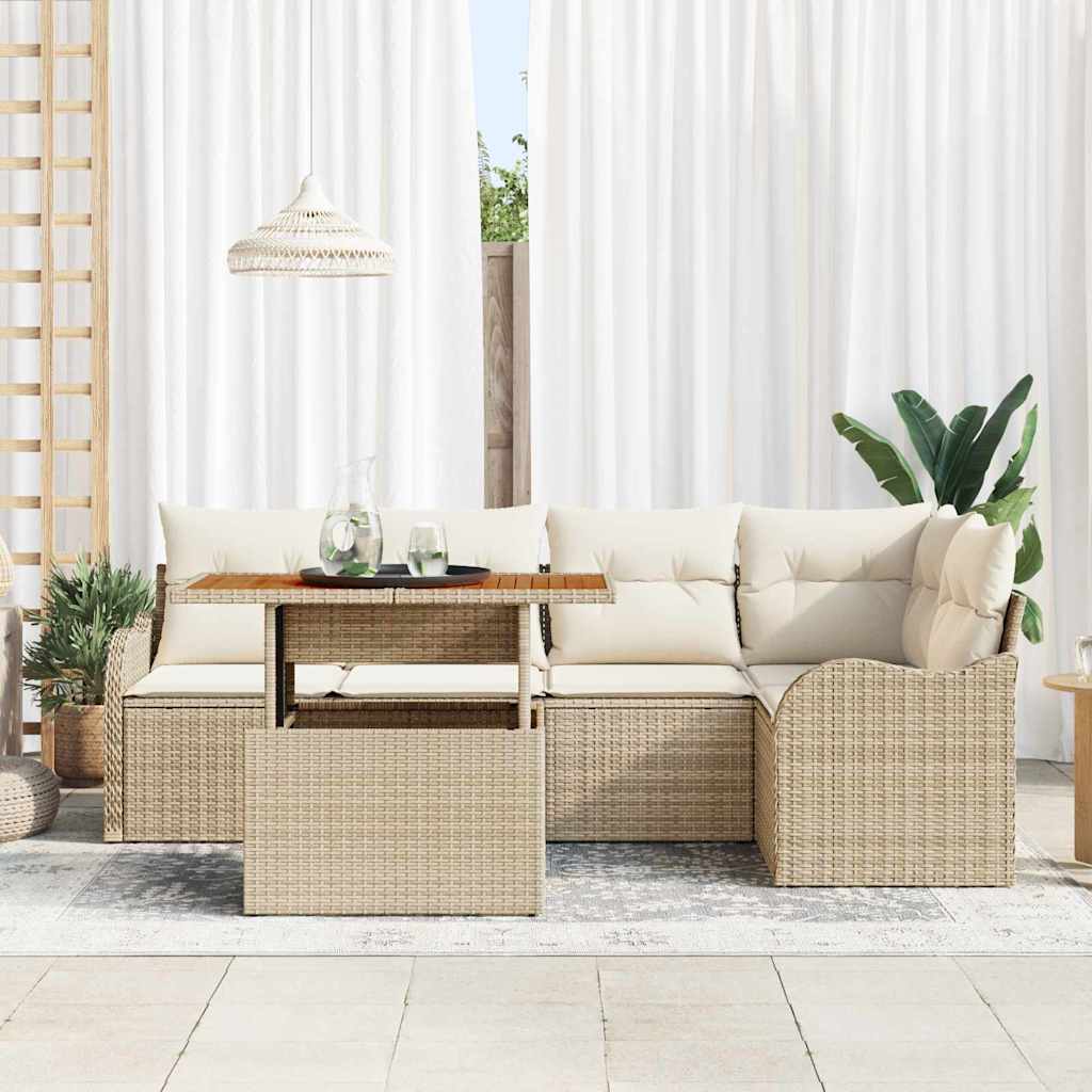 6 dalių sodo sofa rinkinys su smėlio spalvos poli rotano akacija.