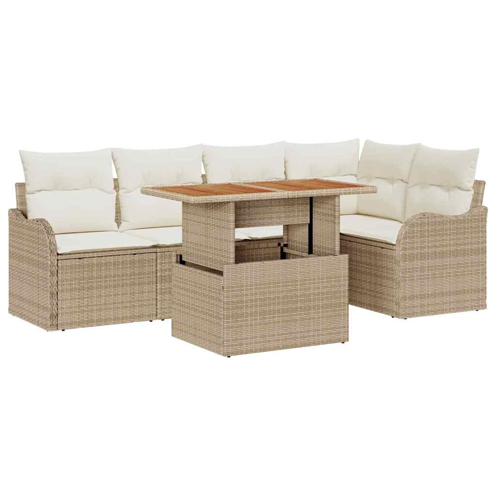 6 dalių sodo sofa rinkinys su smėlio spalvos poli rotano akacija.