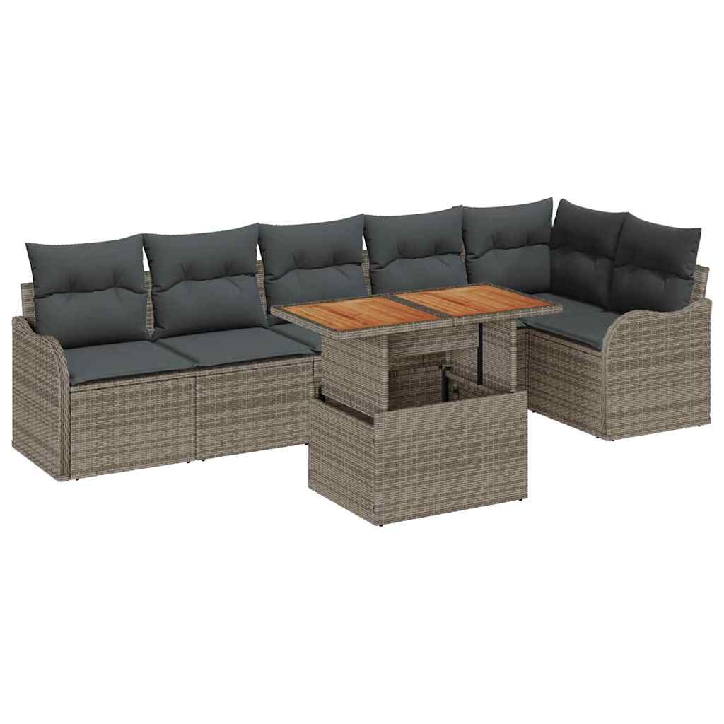7-piece garden sofa set with cushions, grey, made of poly rattan and acacia wood.