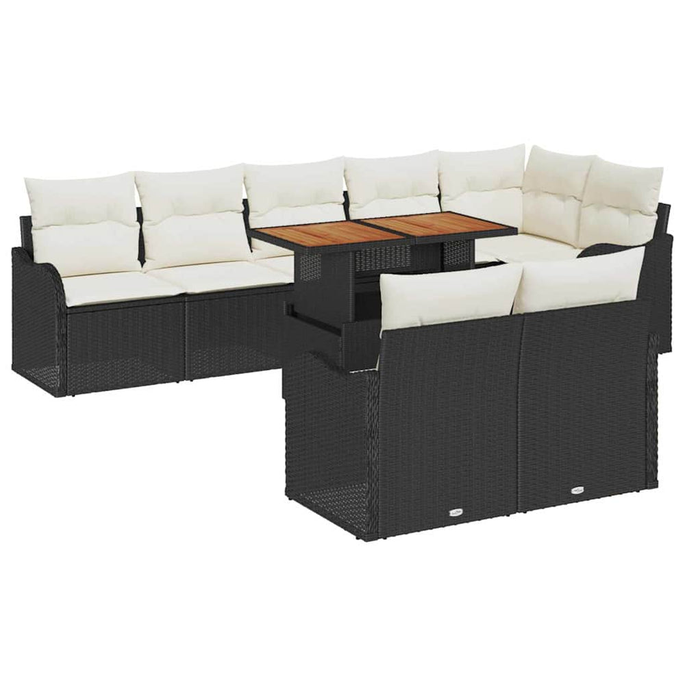 9-piece Garden Sofa Set with Cushions, Black Poly Rattan, Acacia.