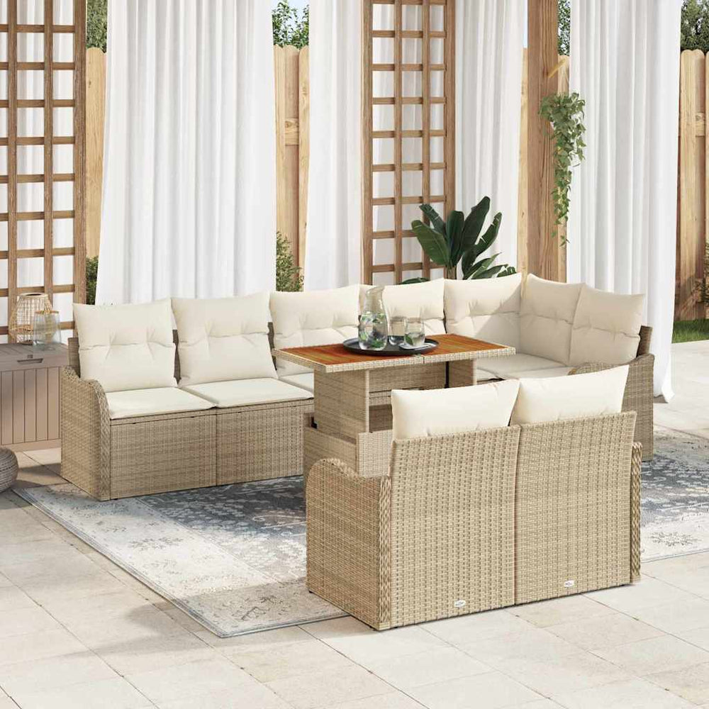 9 dalių Sodo Sofa Rinkinys su Pagalvėlėmis Kreminė Poli Ratanas Akacija