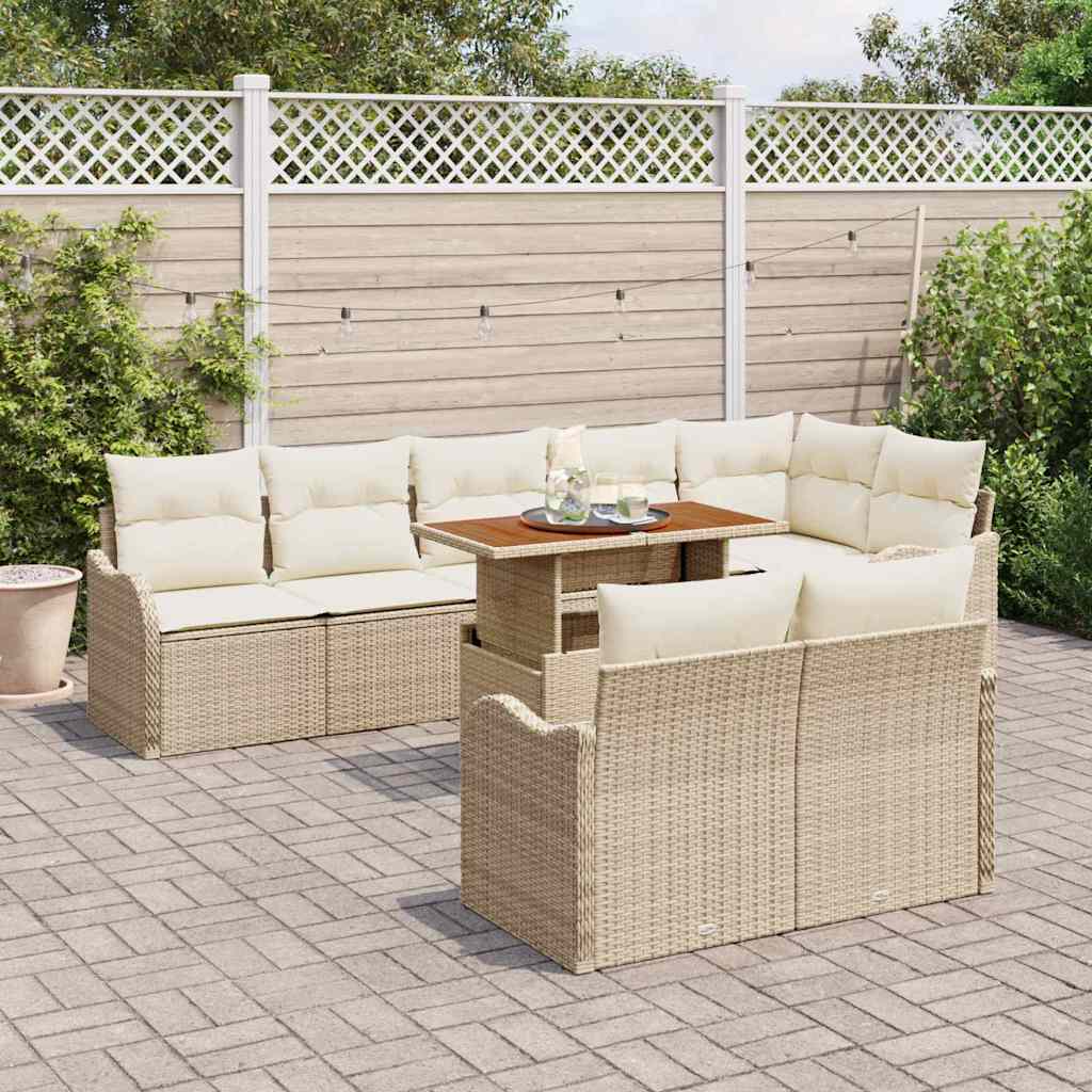 9 dalių Sodo Sofa Rinkinys su Pagalvėlėmis Kreminė Poli Ratanas Akacija
