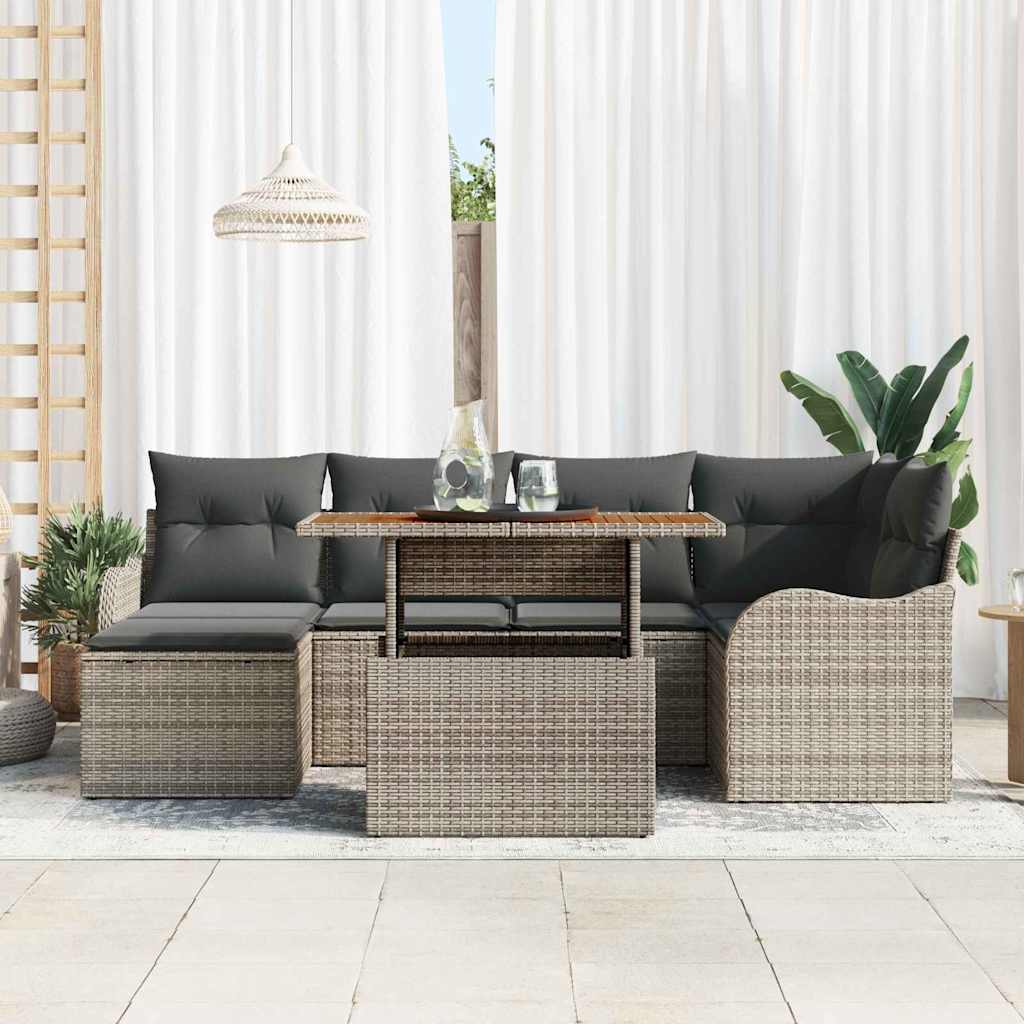 7 dalių sodo sofa su pagalvėlėm, pilkos spalvos, pagaminta iš poli ratanas ir akacijos