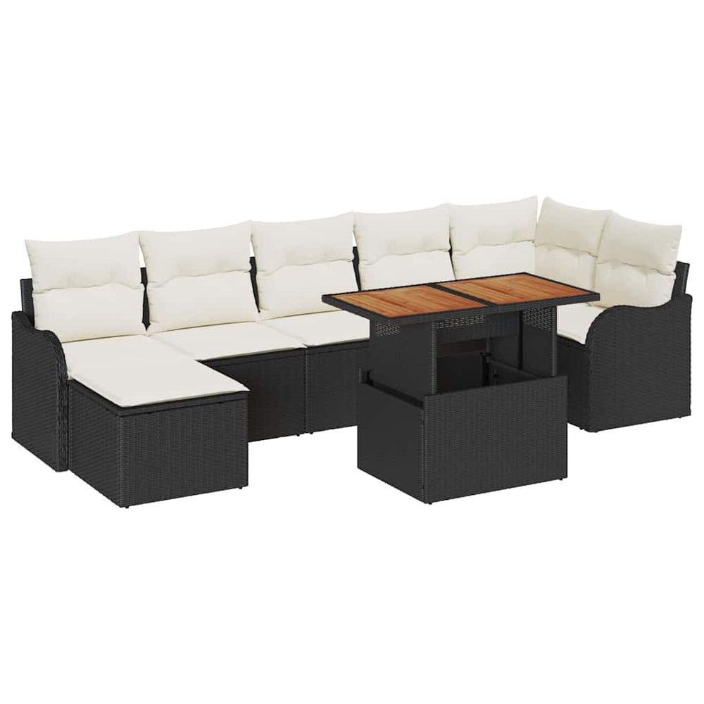 8-piece garden sofa set with cushions, black poly rattan, acacia wood.