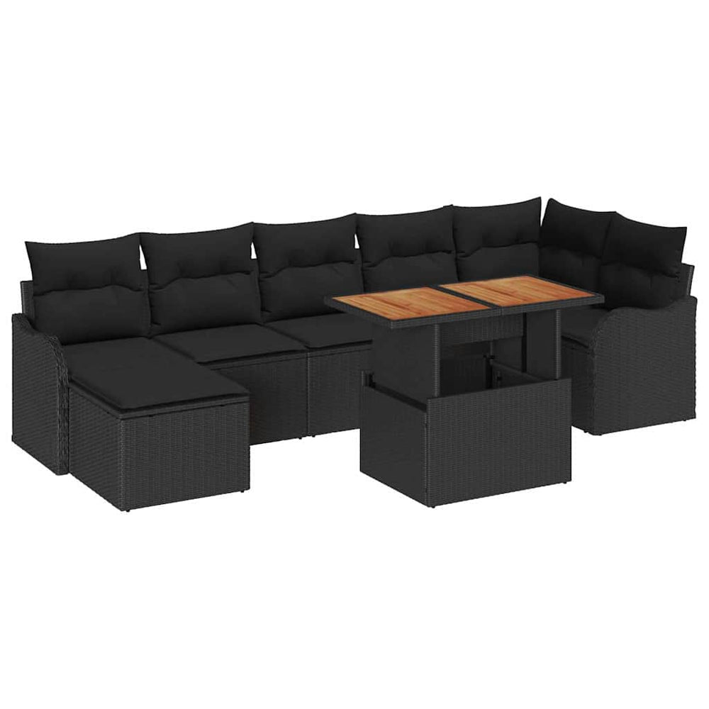 8-piece garden sofa set with black cushions, poly rattan