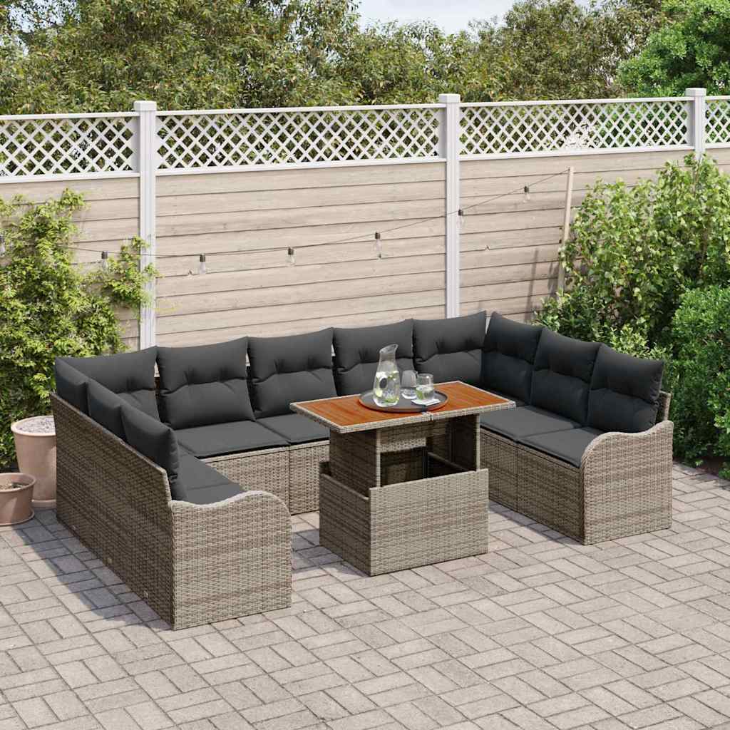 10 dalių sodo sofa komplektas su pagalvėmis pilka poli ratanas akacijos