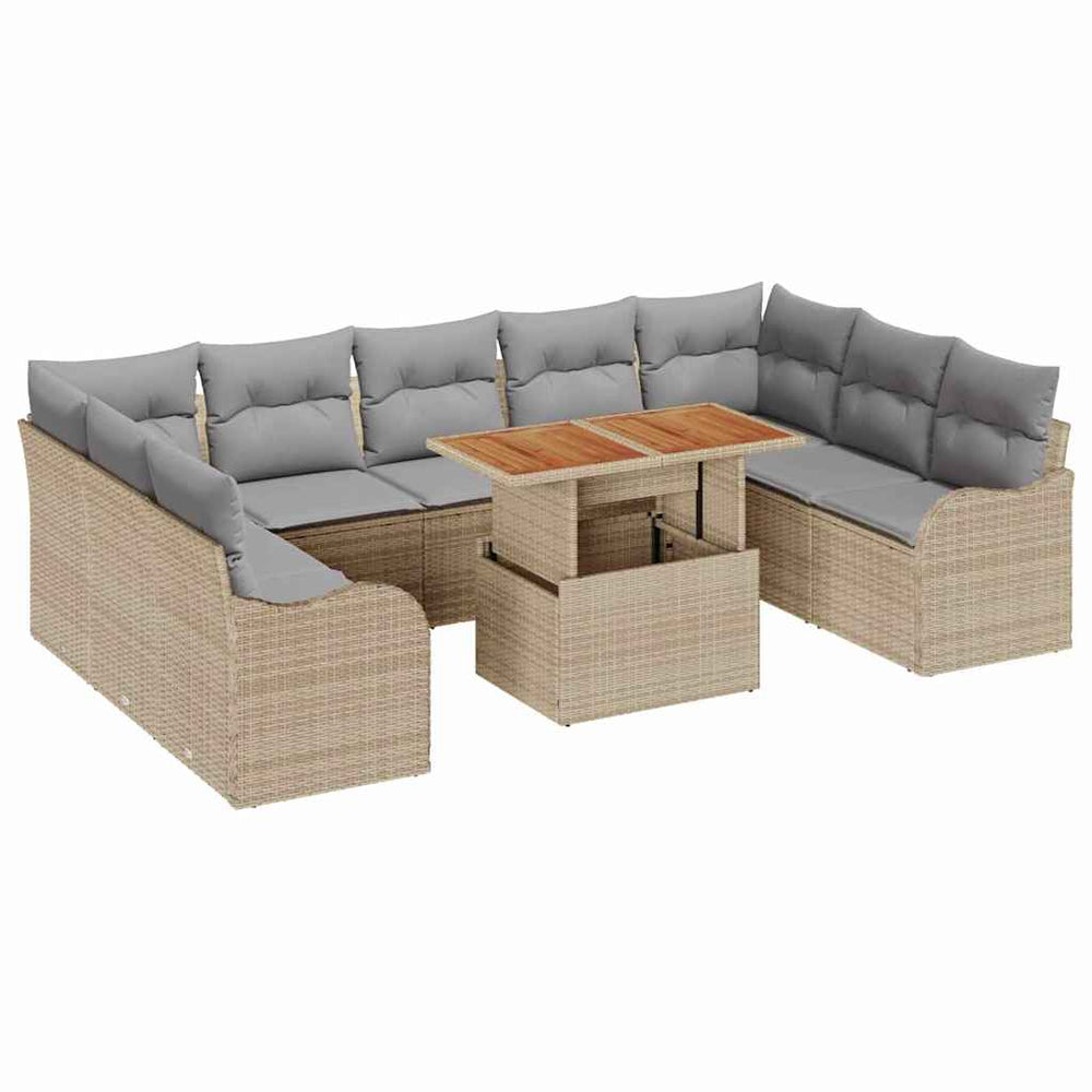 10-piece garden sofa set with cushions sand poly rattan acacia
