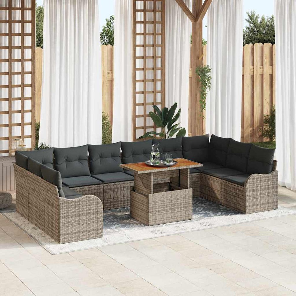 11 dalių sodų sofa rinkinys su pagalvėlėmis, pilkas poli ratanas, akacijos