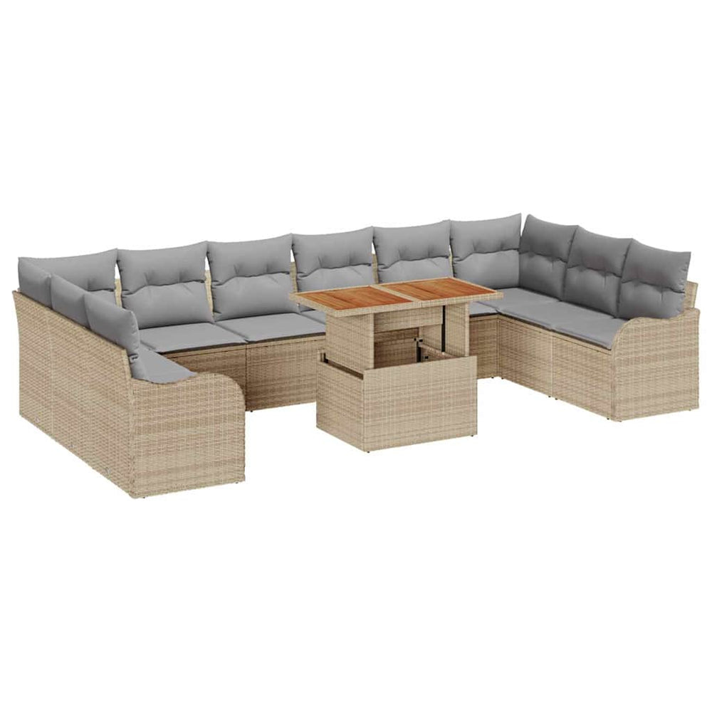 11-piece garden sofa set with cushions, sand-coloured, poly rattan, acacia wood
