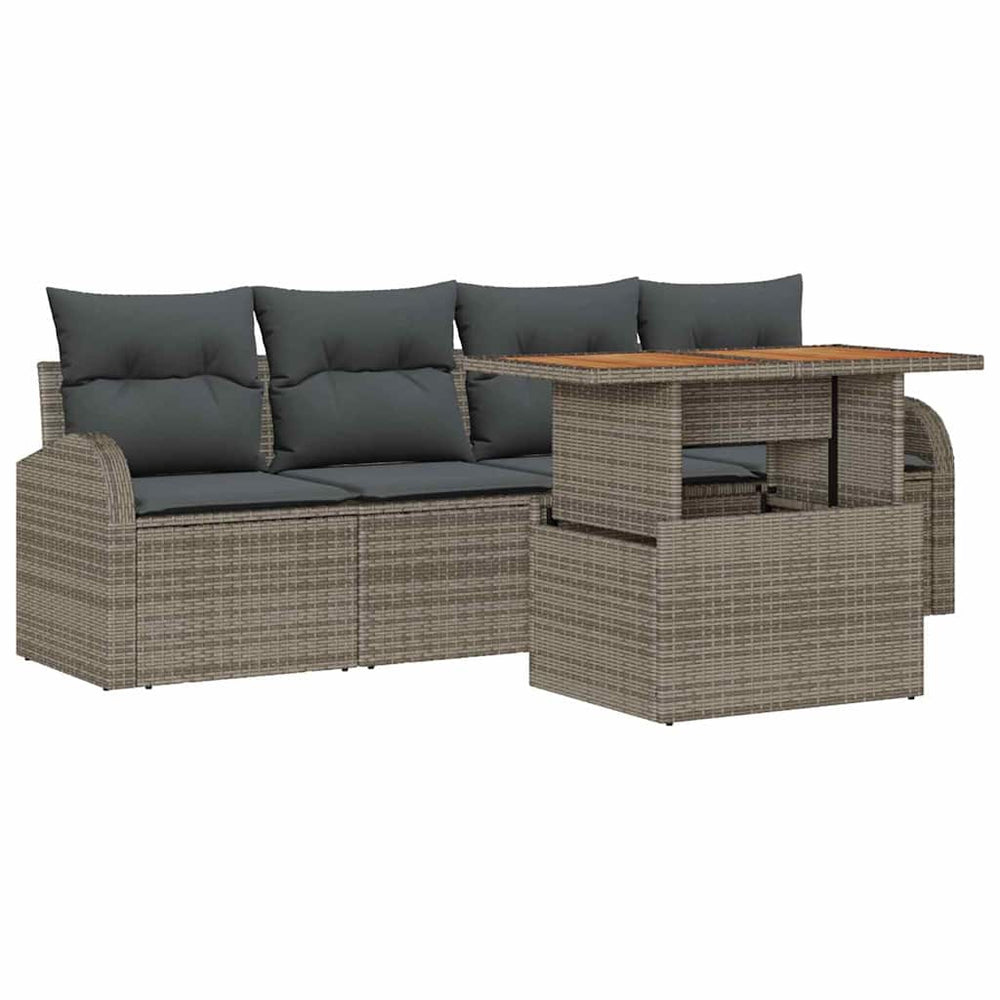 5-piece garden dining set with grey cushions, made of poly rattan and acacia wood