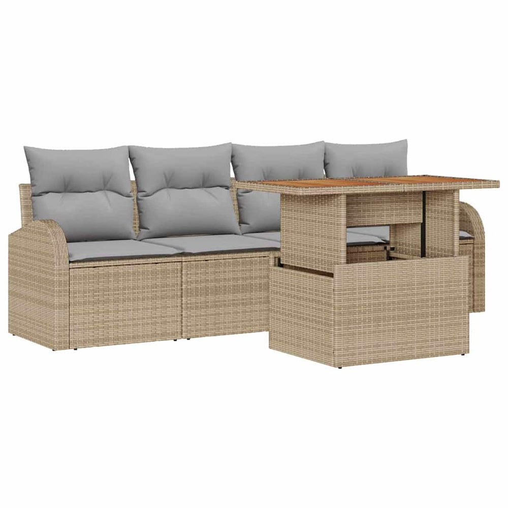 5-piece garden dining set with cushions, sand, poly rattan, acacia