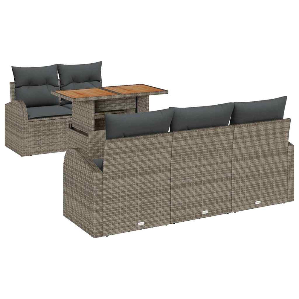 6-piece garden dining set with cushions, grey poly rattan, acacia