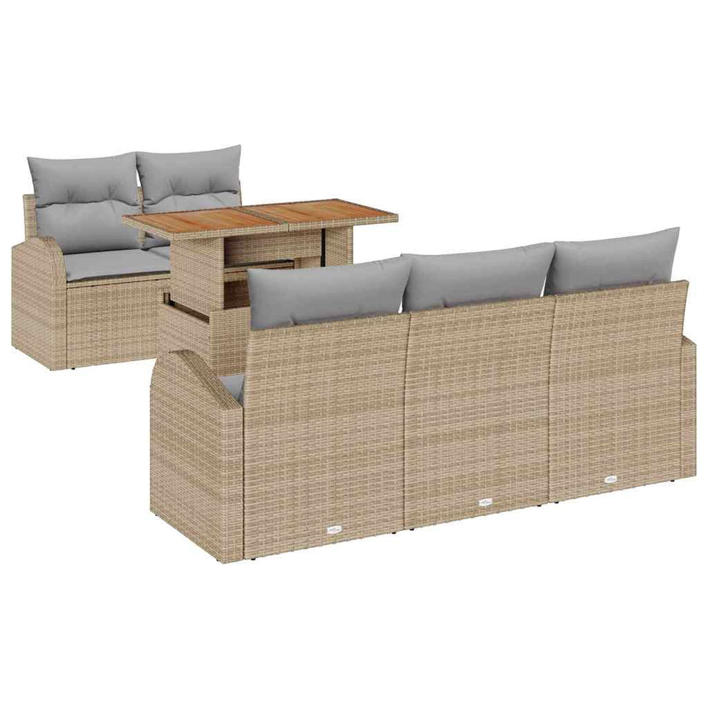 6-Piece Garden Dining Set with Cushions, Beige Polyrattan and Acacia Wood.