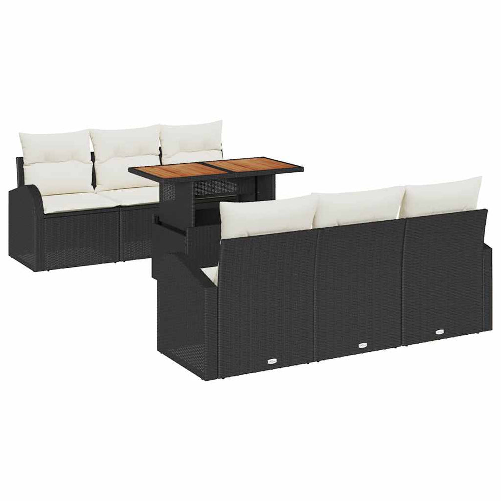 7-piece Garden Dining Set with Cushions Black Poly Rattan Acacia