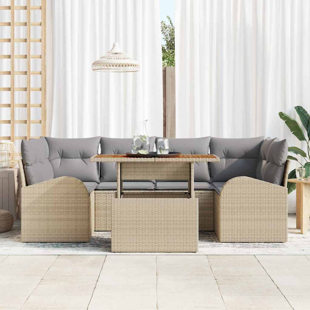 7 dalių sodo valgomojo rinkinys su pagalvėlėmis Beige Poliratanas Akacija