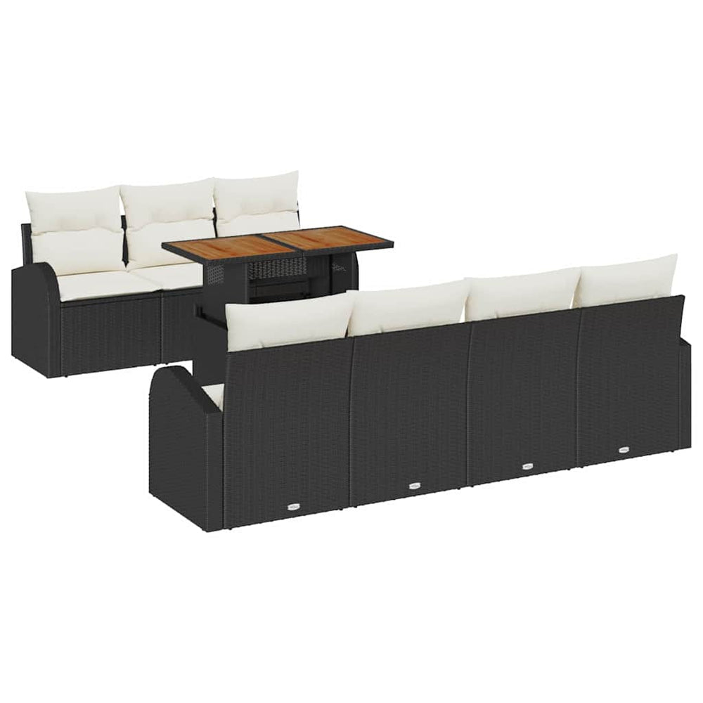 8-piece garden dining set with cushions, black poly rattan, acacia.