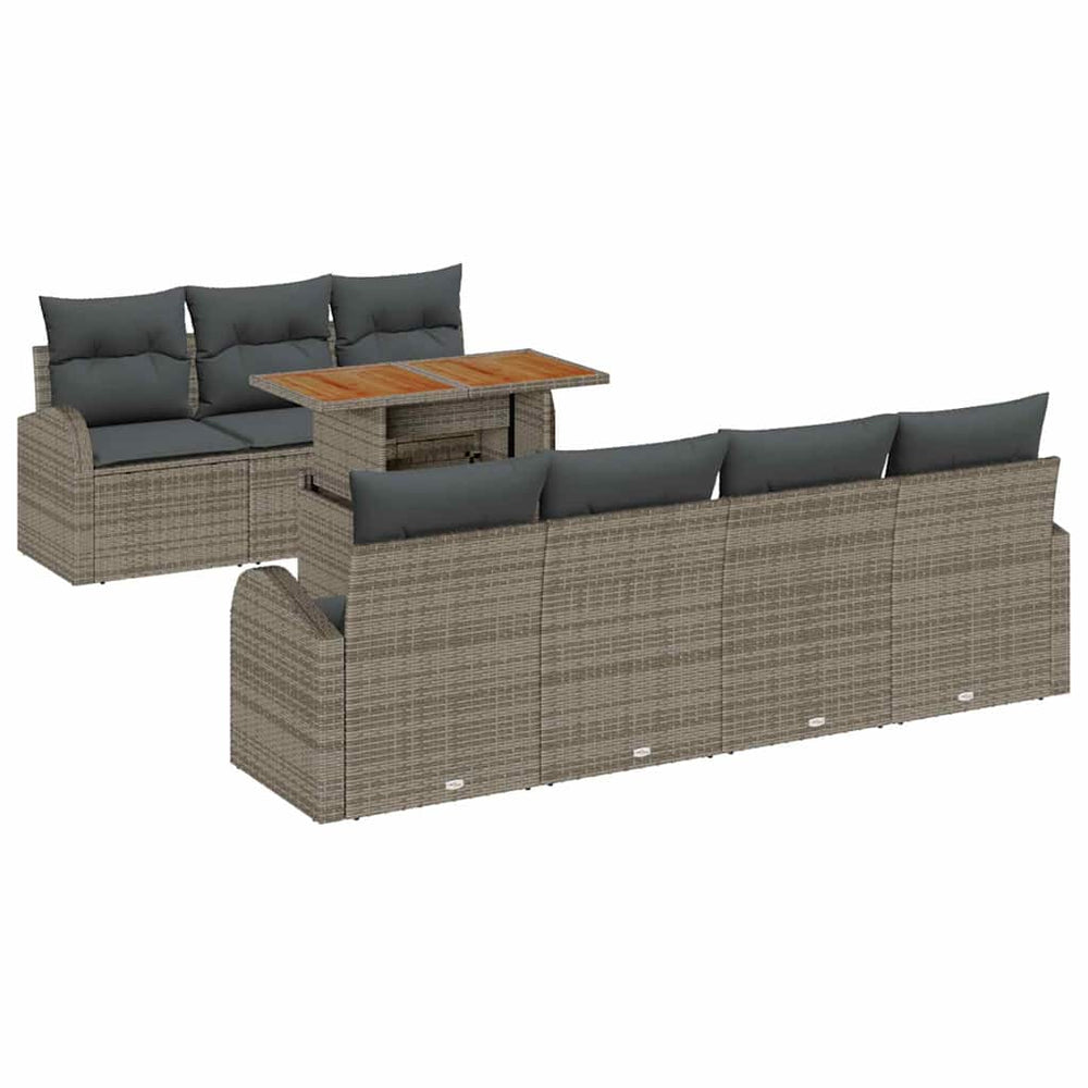 8-piece outdoor dining set with cushions grey poly rattan and acacia