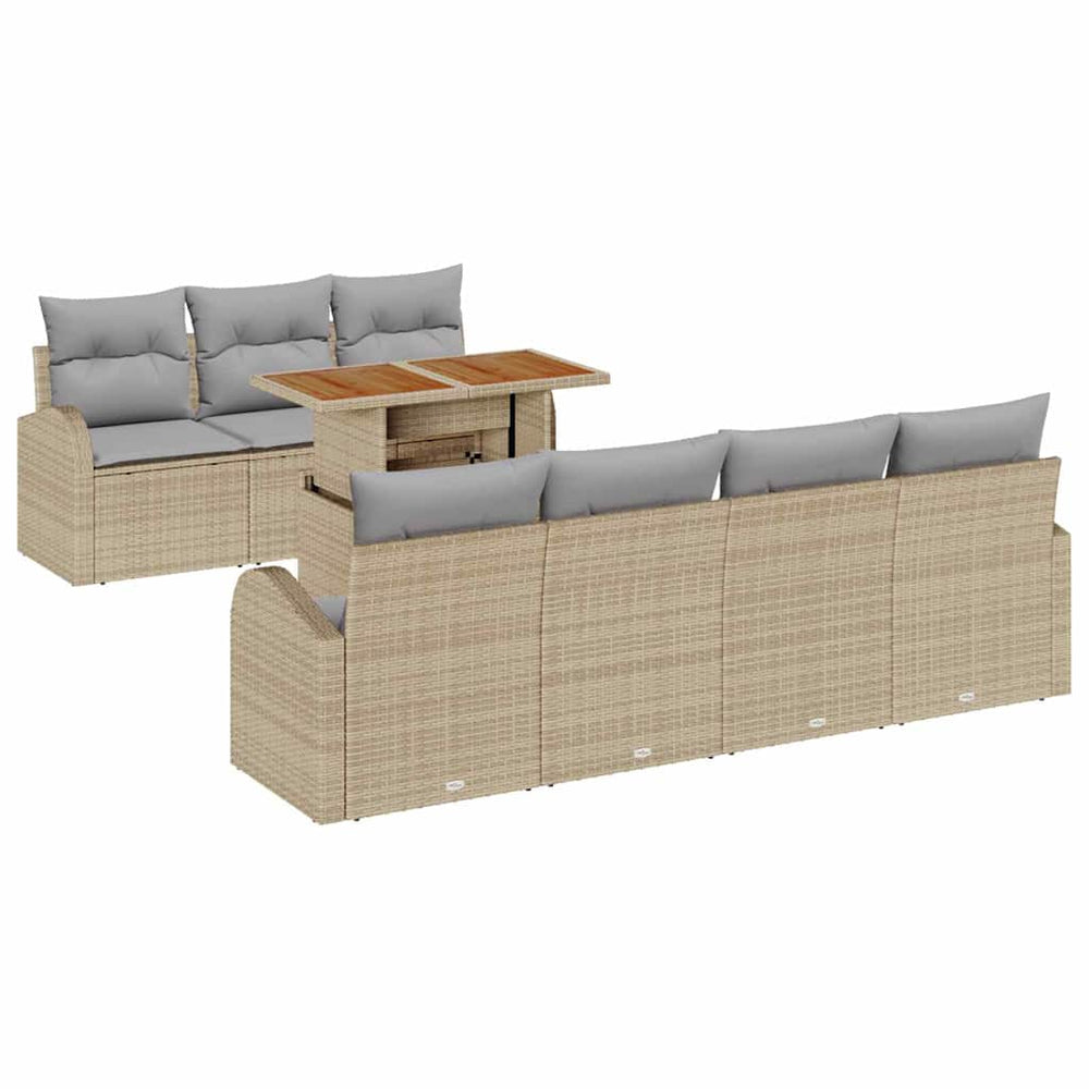 8-piece outdoor dining set with cushions, sand, poly rattan and acacia.