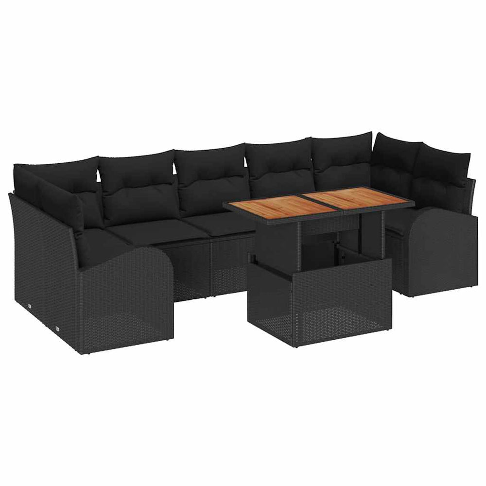 8-piece garden dining set with cushions, black poly rattan, acacia wood