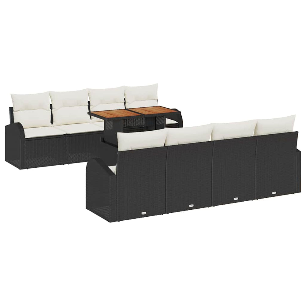 9-Piece Garden Dining Set with Cushions, Black Poly Rattan Acacia