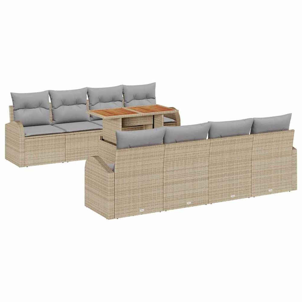 9-piece garden dining set with cushions, sand-coloured poly rattan and acacia wood.