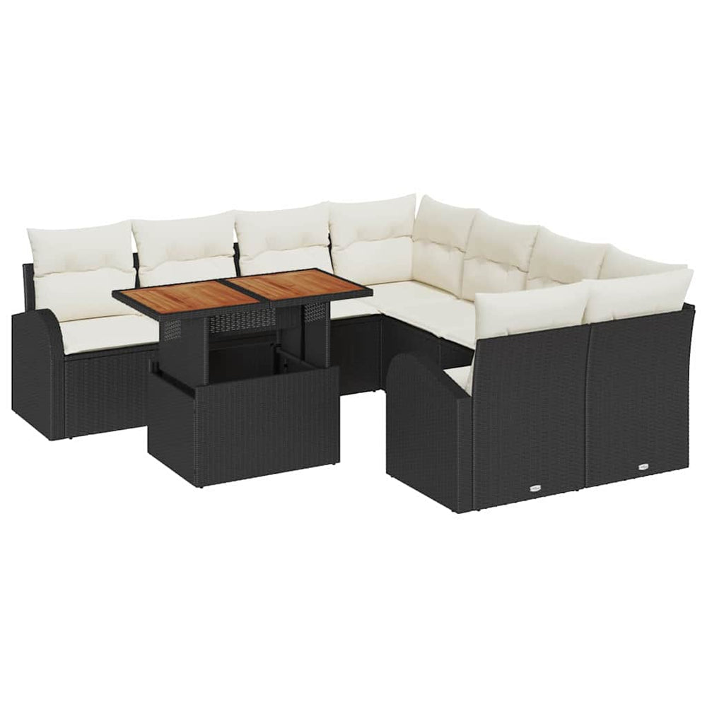 9-piece garden dining set with black cushions, made of poly rattan and acacia wood