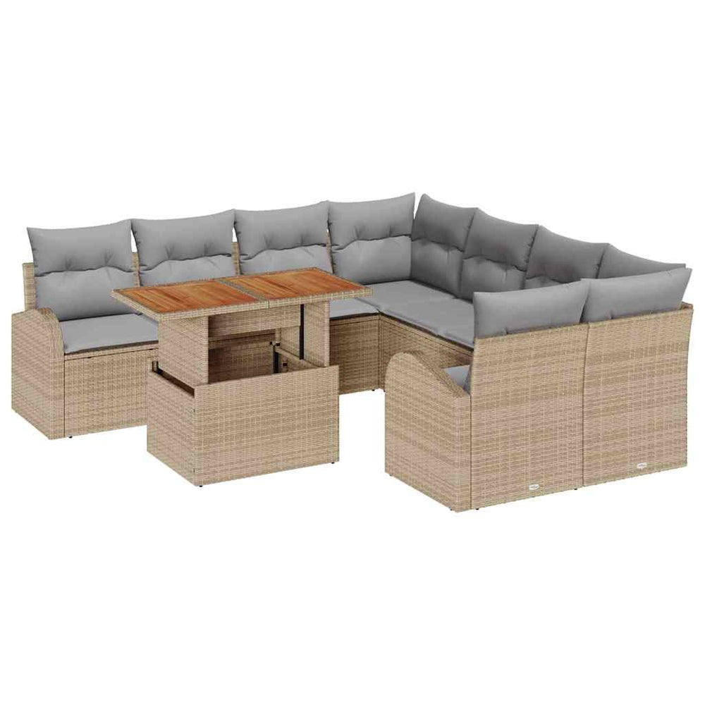 9-piece garden dining set with cushions, acacia wood and poly rattan.