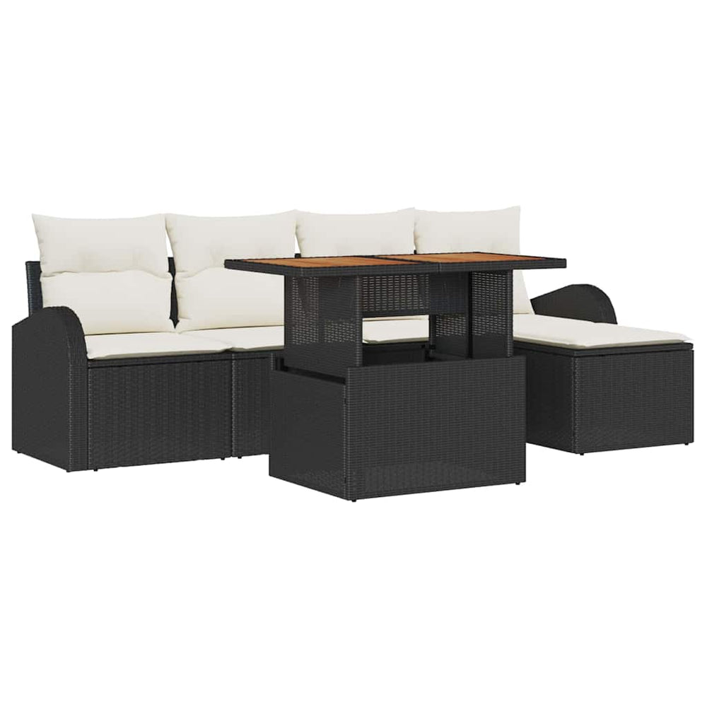 6-piece garden dining set with cushions, black poly rattan and acacia wood