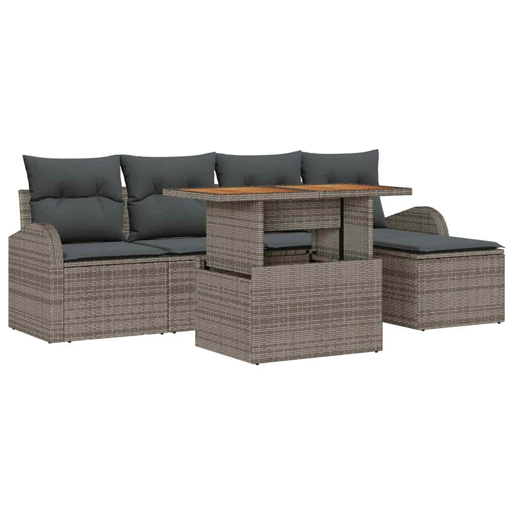 6-piece garden dining set with cushions in grey poly rattan and acacia