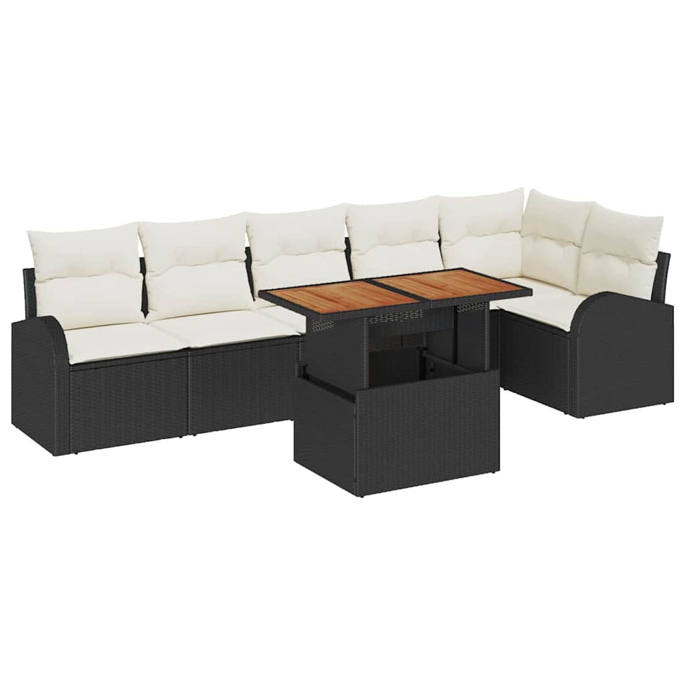 7-piece garden dining set with cushions, black poly rattan, acacia