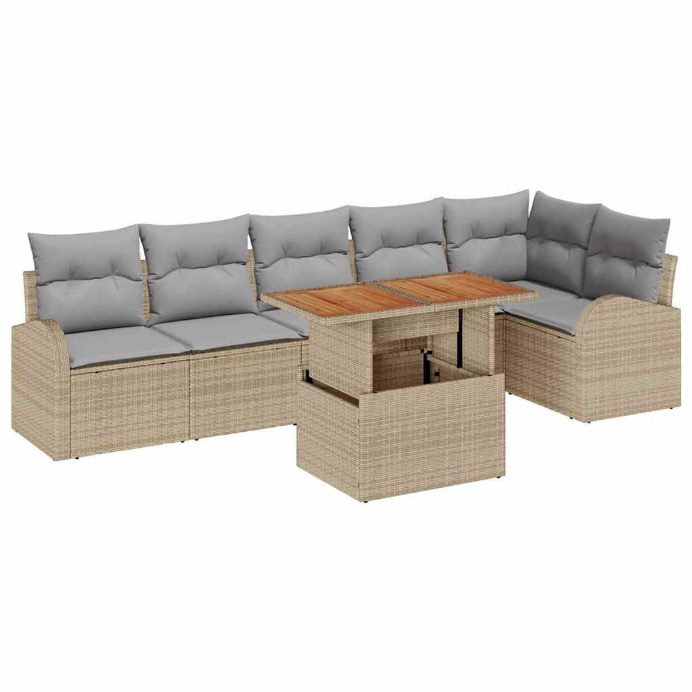 7-piece garden dining set with cushions, sand-colored poly rattan, acacia